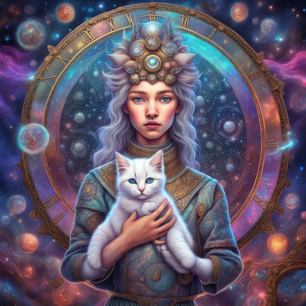 Clock Maker's Daughter with Snow Kitten: Astral Illustration