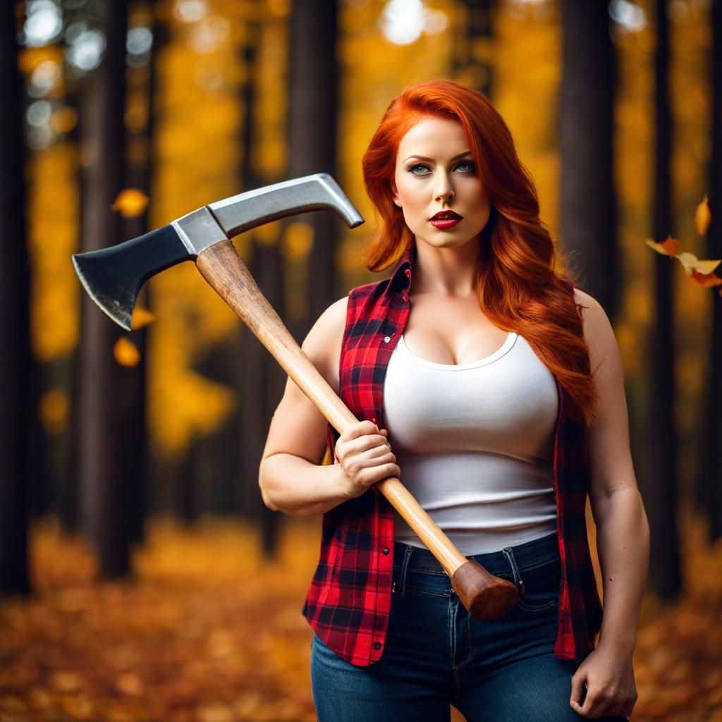 Attractive Redhead Lumberjack in Autumn Setting