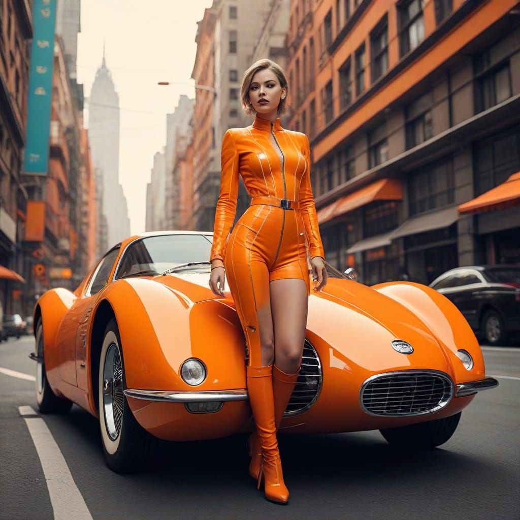 Retro-Futuristic Orange Sci-Fi Cityscape with Woman