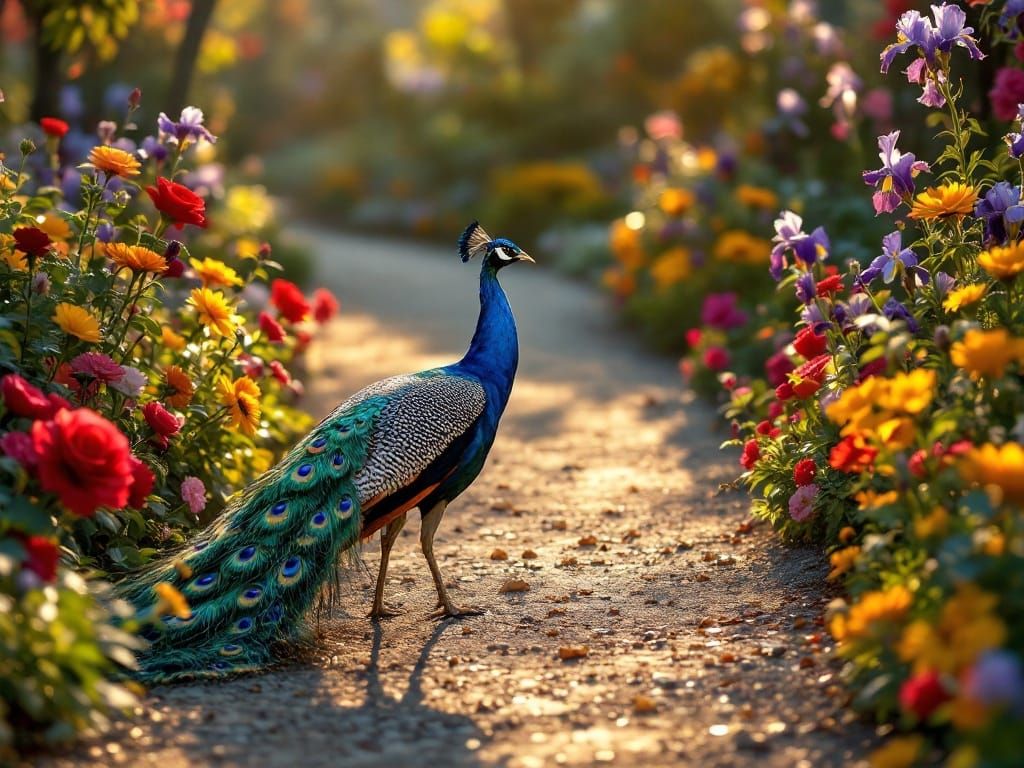 Resplendent Peacock Struts Through Vibrant City Garden in Go...
