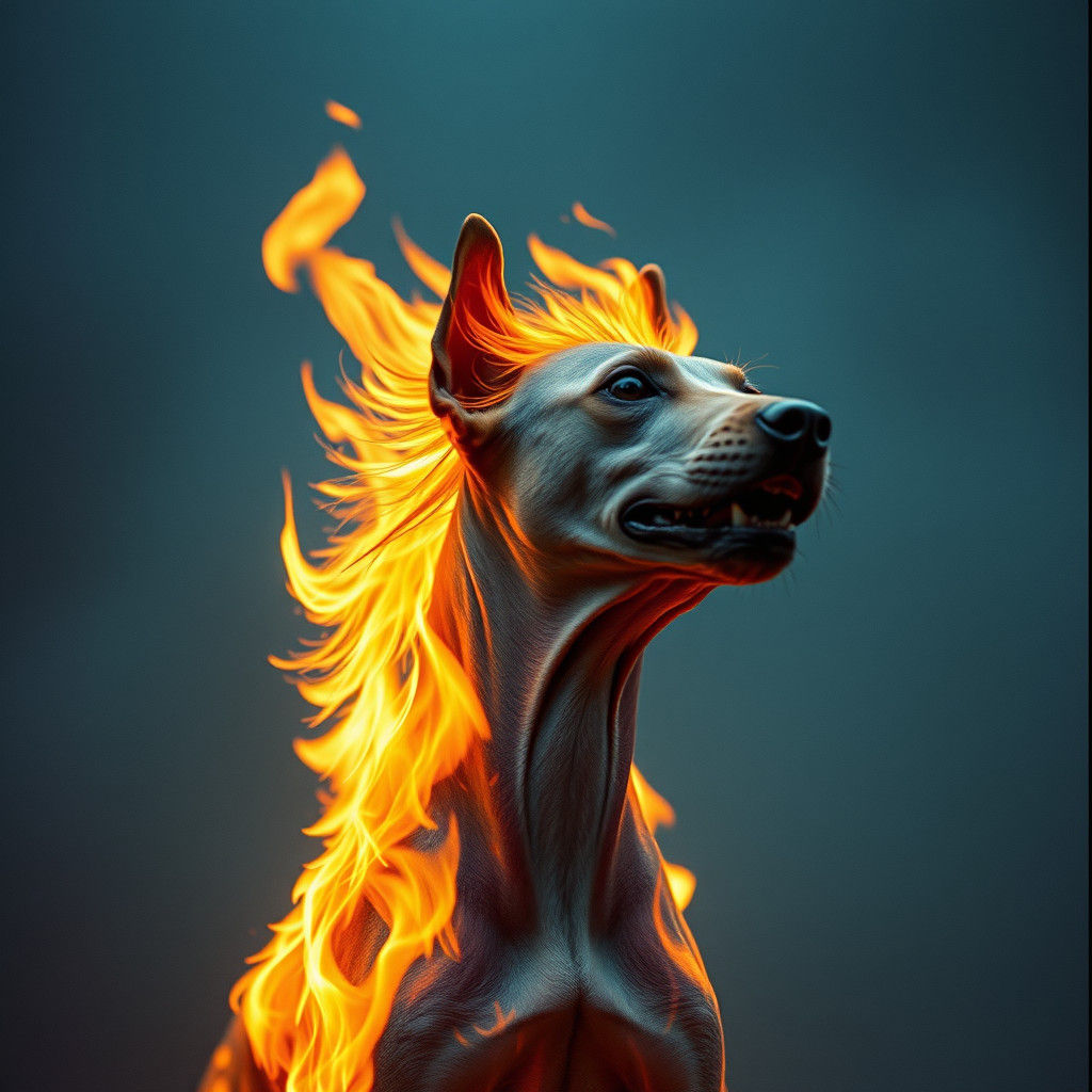 Flaming Hairless Dog Howls: Cinematic Still