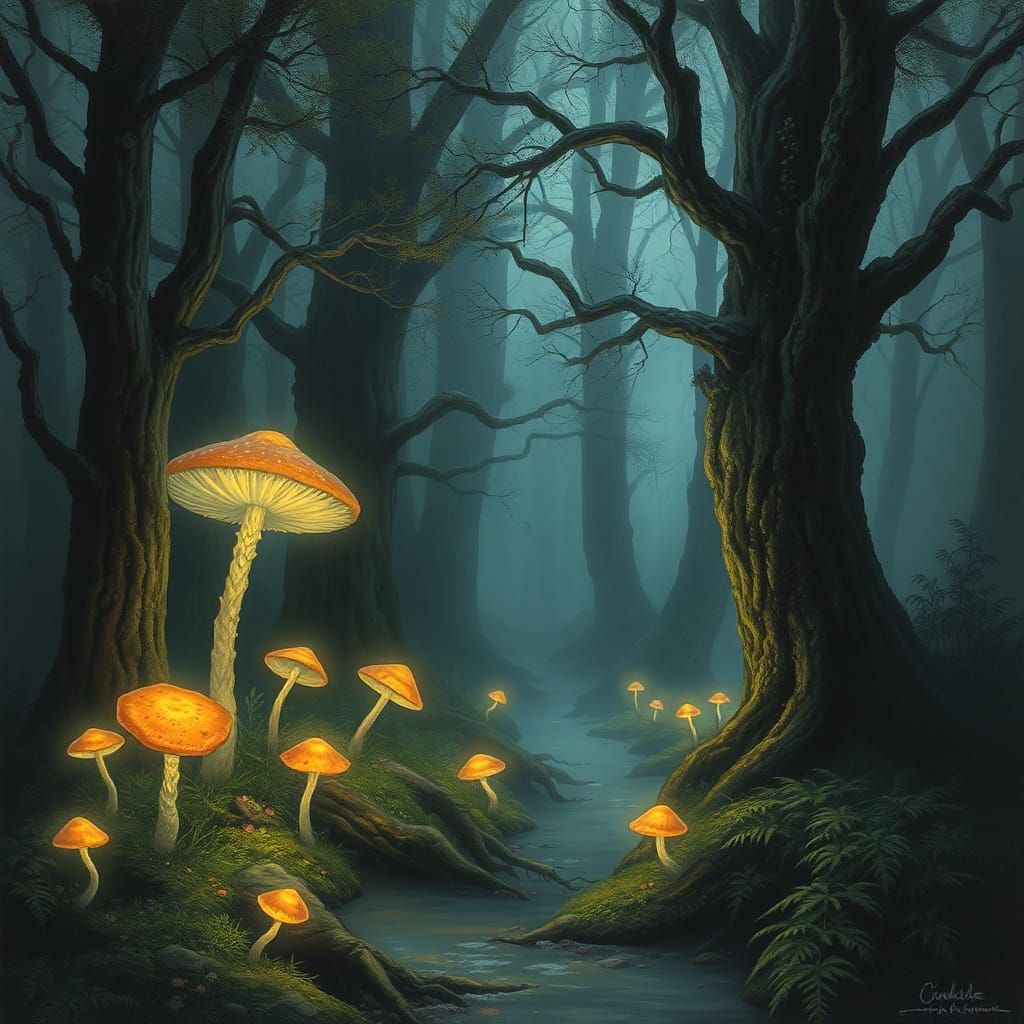 Ethereal Luminescence: Fluorescent Mushrooms in Enchanted Fo...