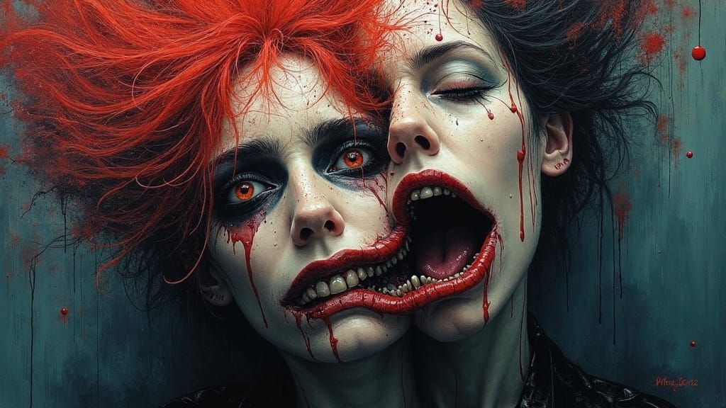 Surreal gothic macabre portrait of a figure with two faces, dual souls in agony separating, one soul bursting out of the...