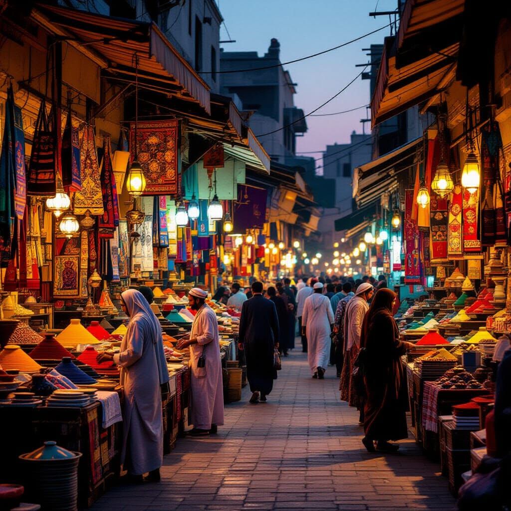 Egyptian Marketplace at Dusk with Vibrant Colors and Warm Gl...