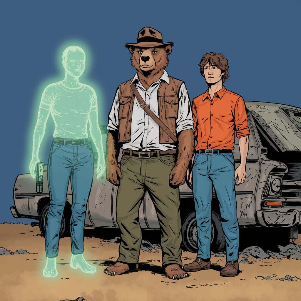 Comic Book Bear Indiana Jones and Friends at Desert Campsite