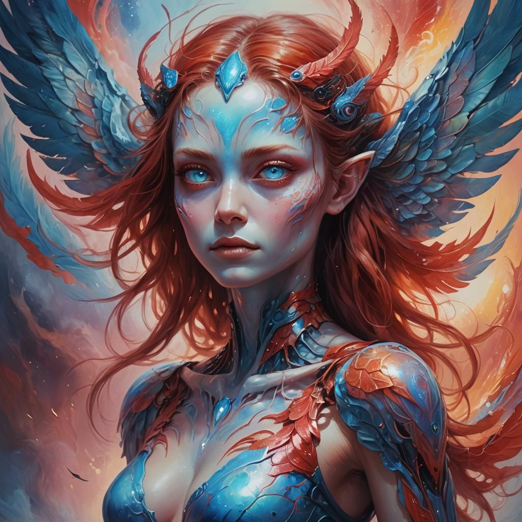 Ethereal Alien Girl with Red Wings in Oil Painting