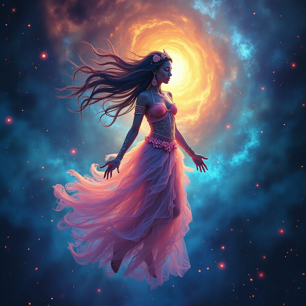 Ethereal Woman Floating in Galaxy as Holographic Art
