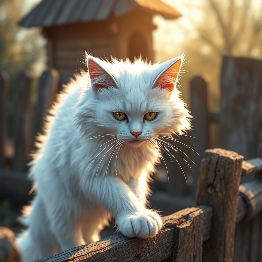 Majestic White Cat Strolls Along Weathered Fence in Anime-In...