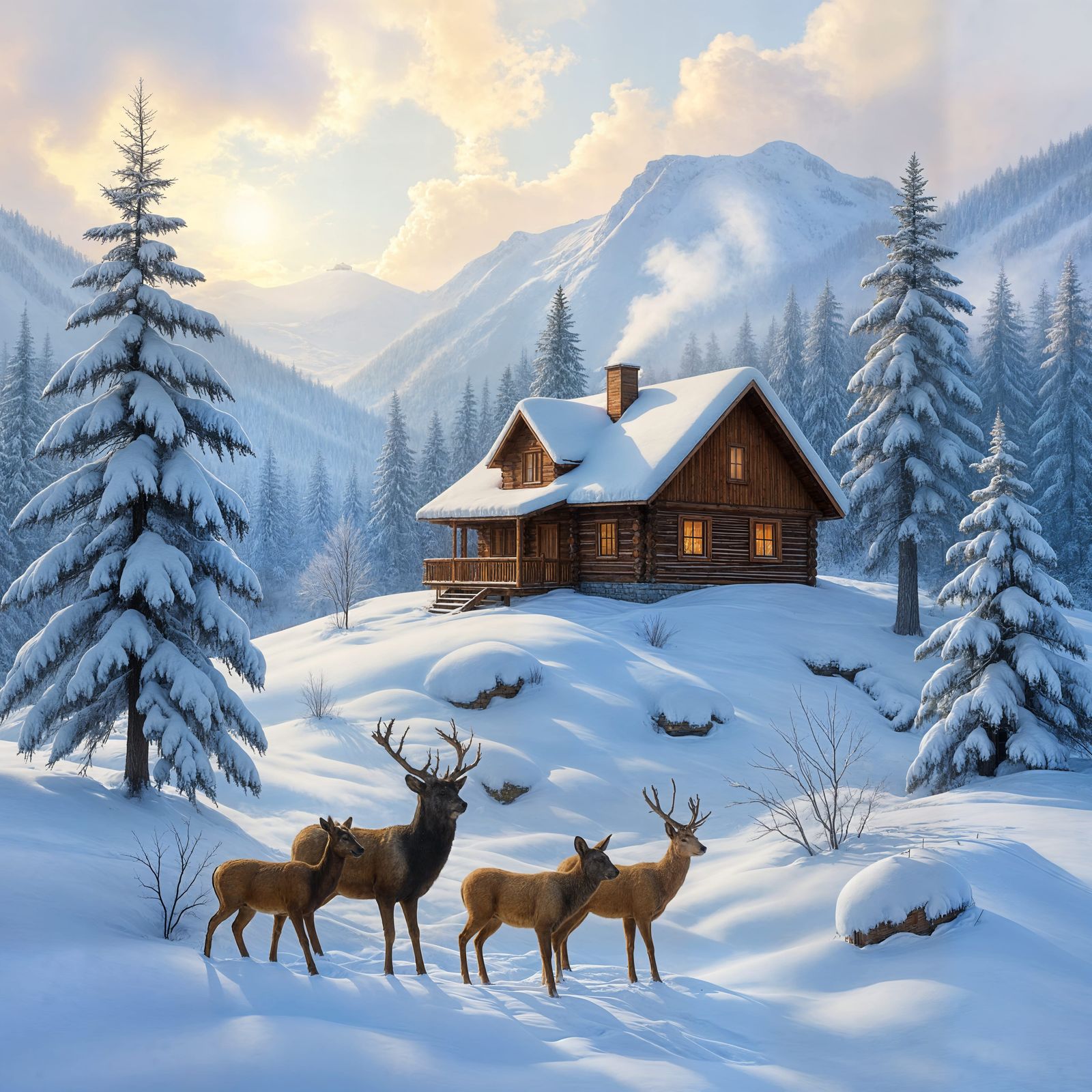 Snowy Log Cabin on Hill Surrounded by Trees