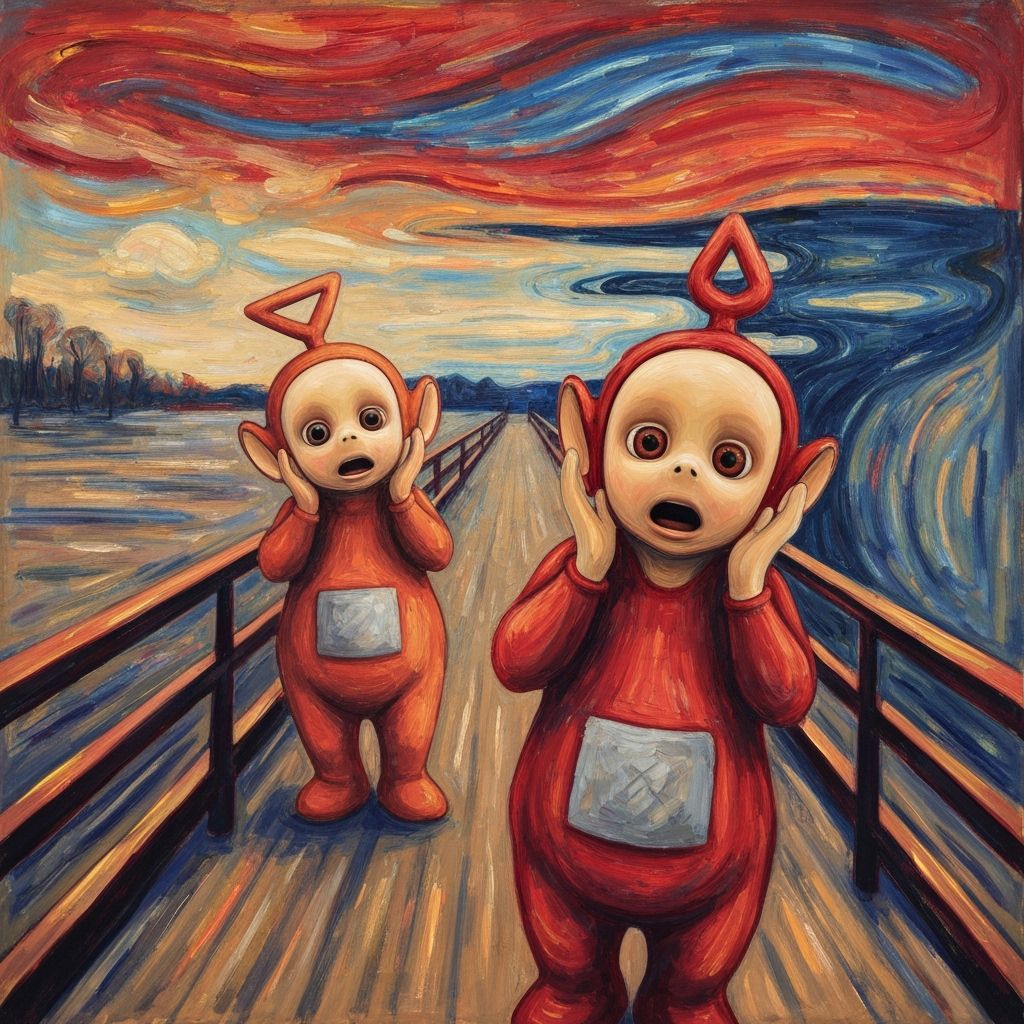 Teletubbies Expressing Anxiety in Munch-Inspired Art