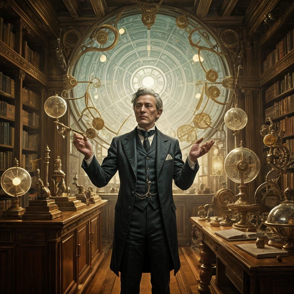 Retro-futuristic Victorian Figure in Ethereal Library