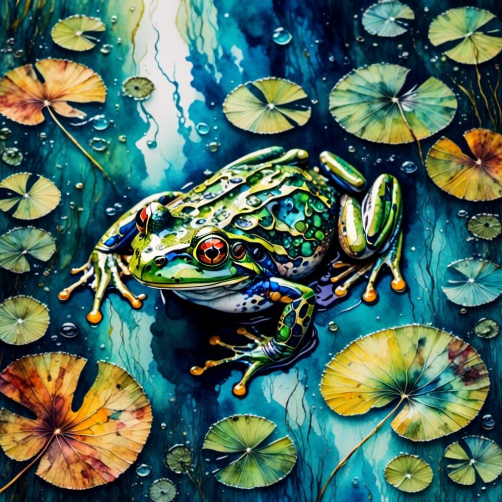 Watercolor Frog in Pond with Vivid Colors