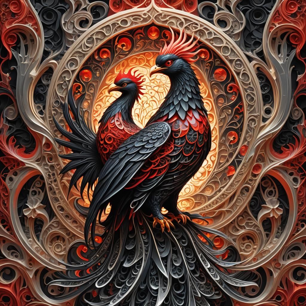 Mystical Phoenix Ice Sculpture with Geometric Art