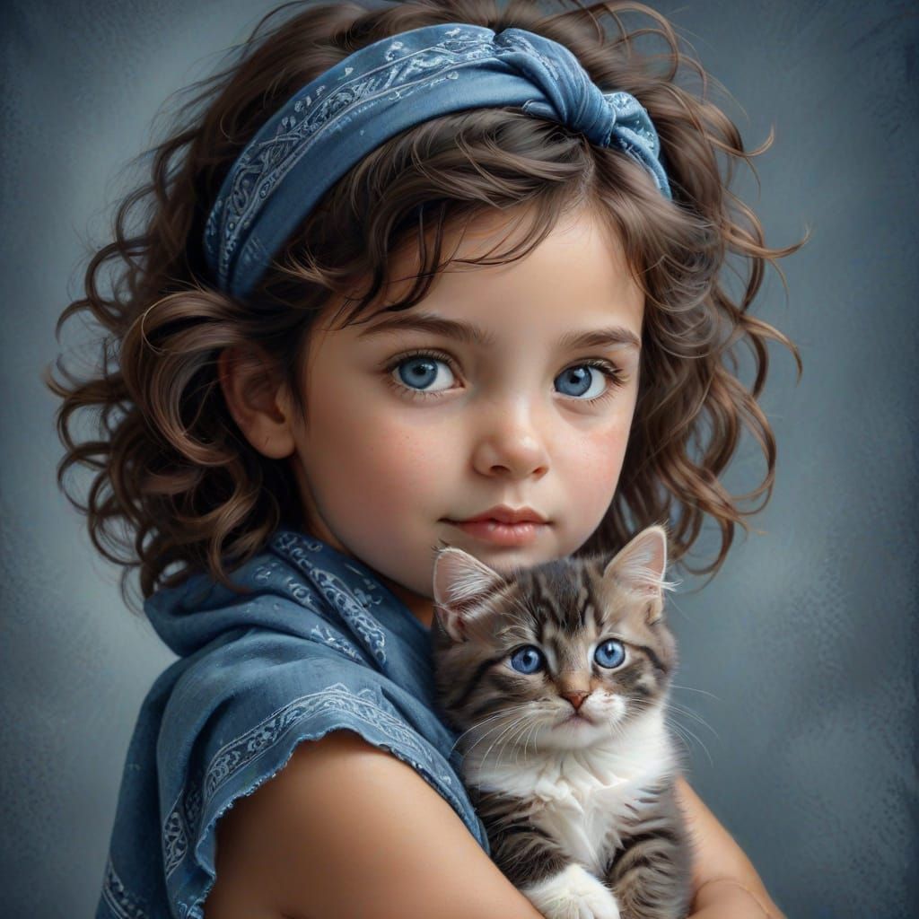 Girl with Kitten in Conte Crayon Style
