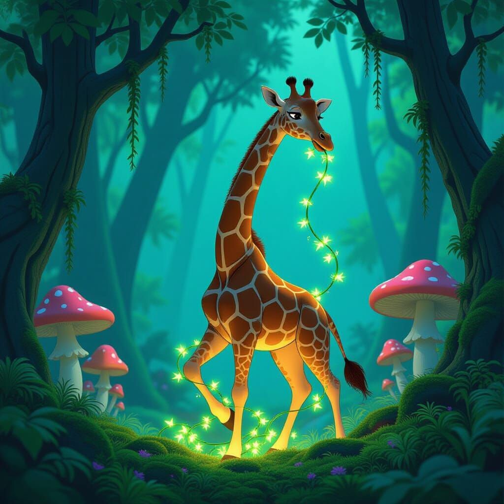 Giraffe Comically Tangled in Glowing Vines