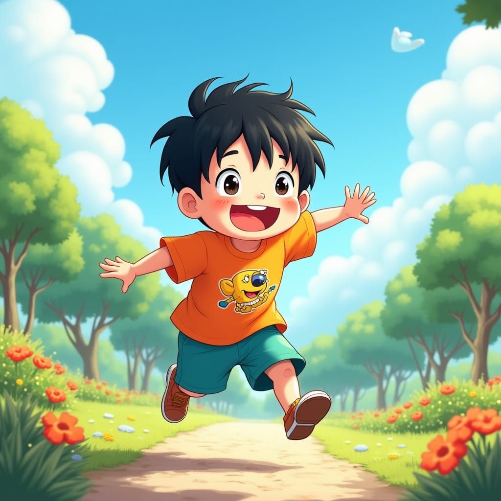 Joyful Korean Boy Playing in Park, Manga Style