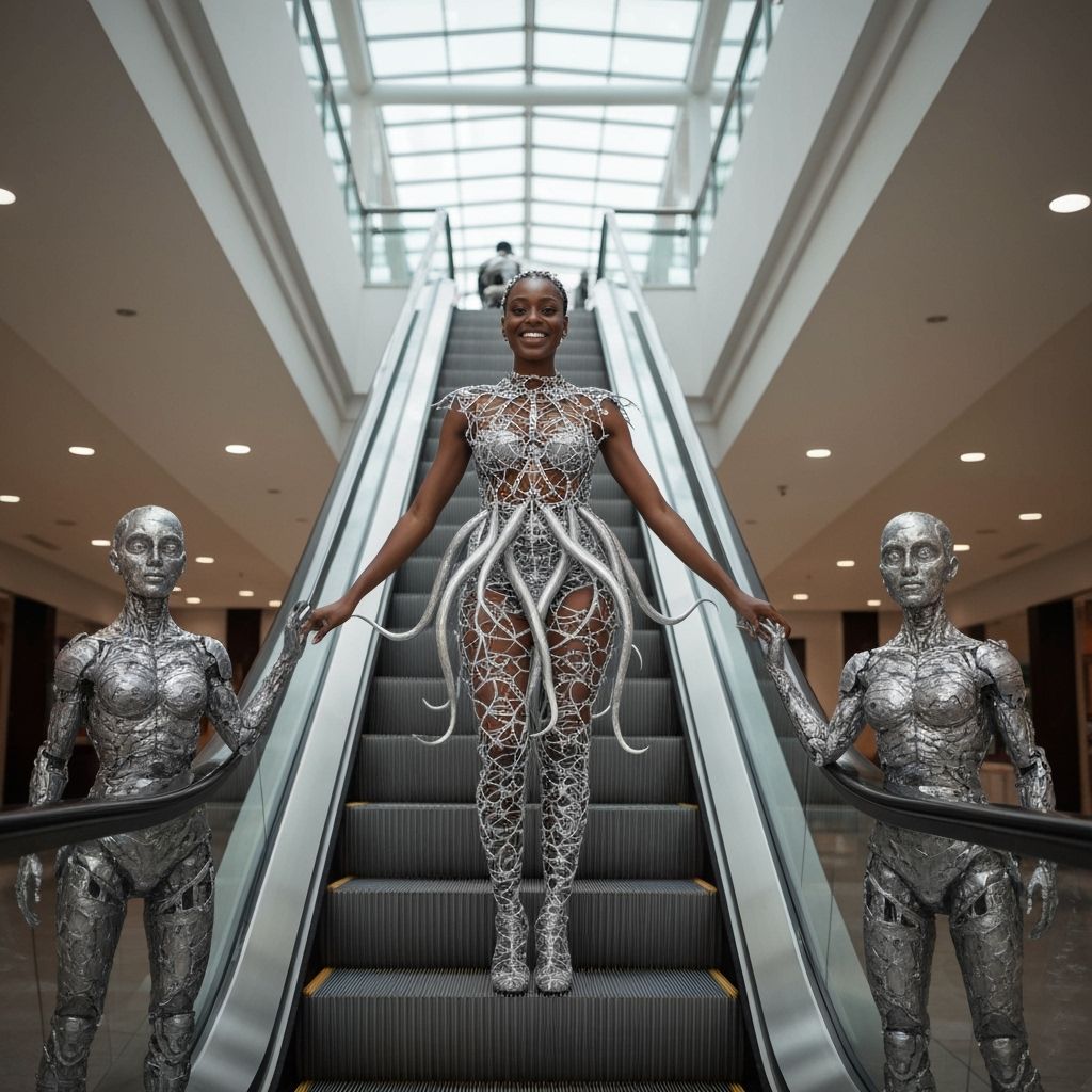 Silver Tentacle Woman on Escalator, Bokeh
