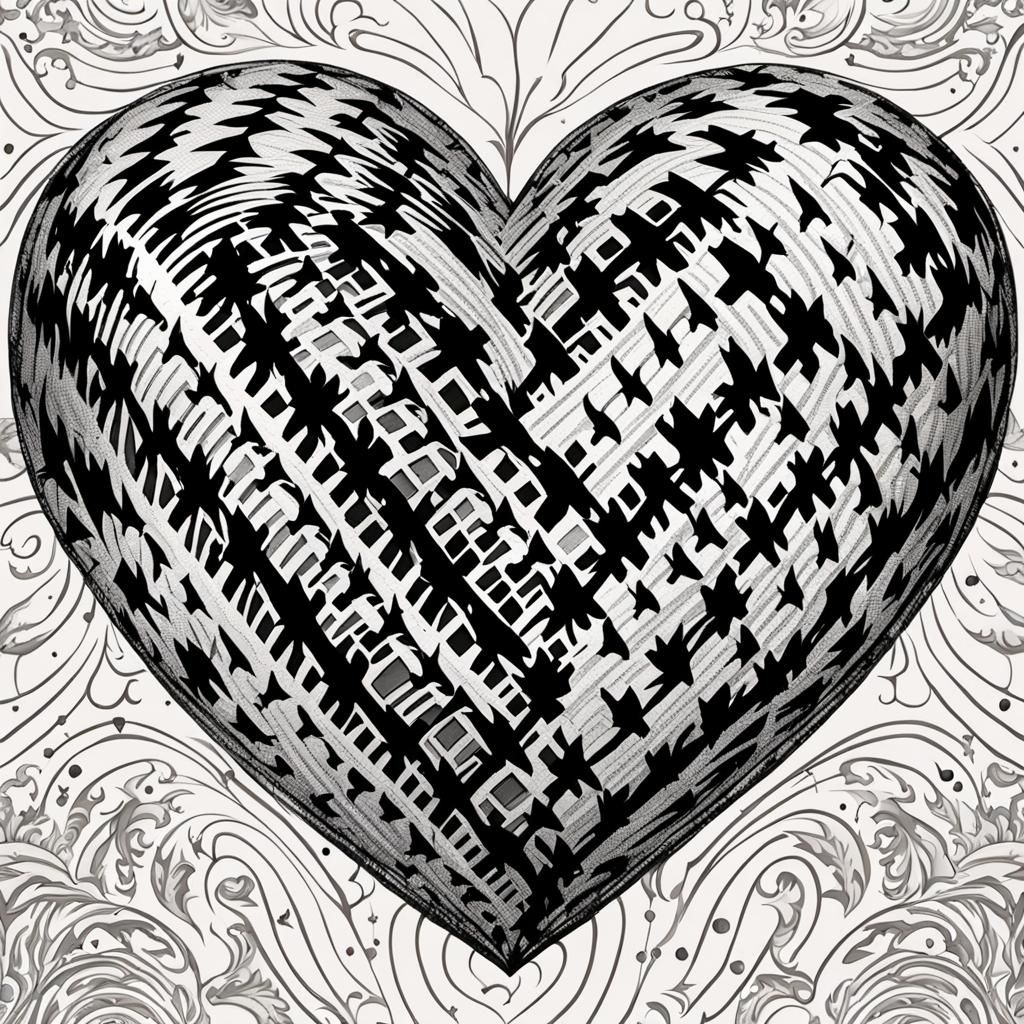 Houndstooth Heart: Vintage Black and White Illustration