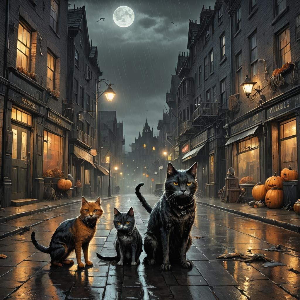 Cyborg Cat and Zombie Dog Encounter in Dark City