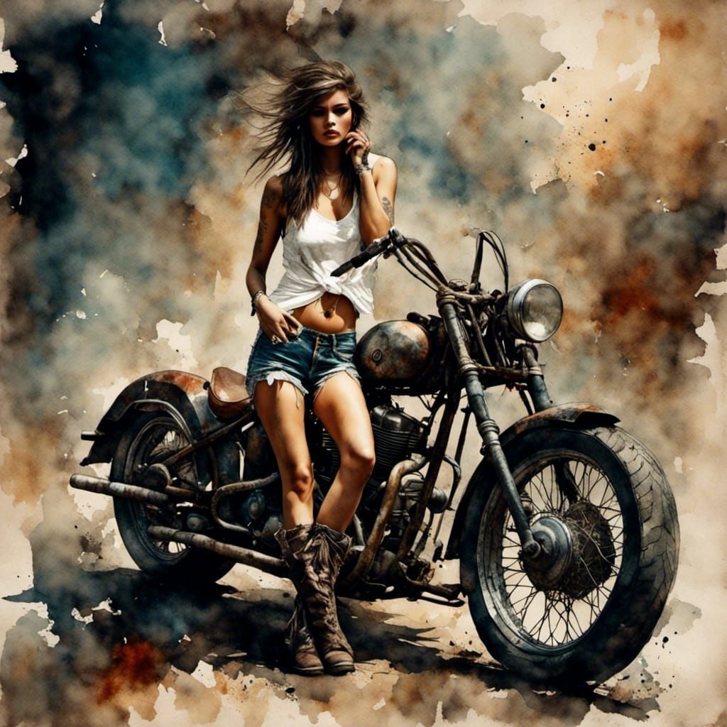 Biker Woman on Motorcycle in Antique Watercolor Style