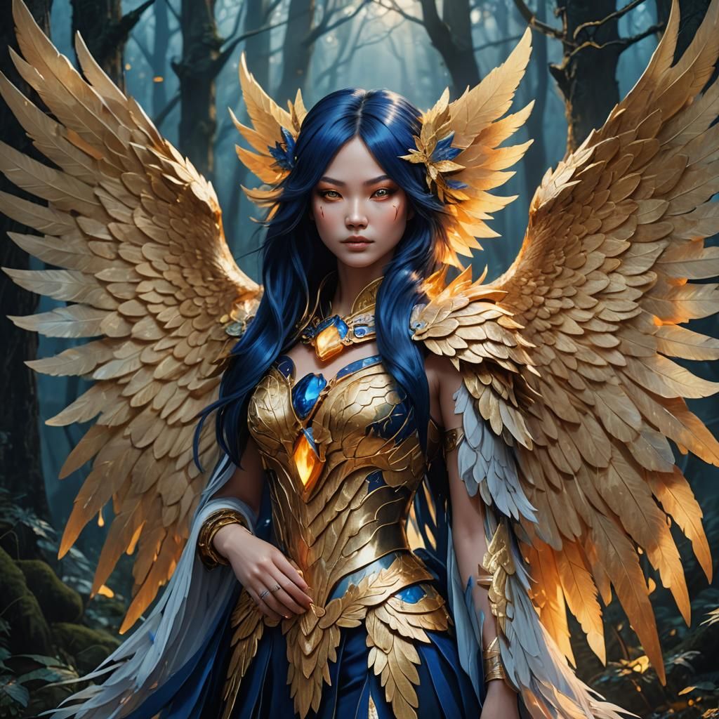 Kitsune Angel in Mystical Forest, Digital Painting