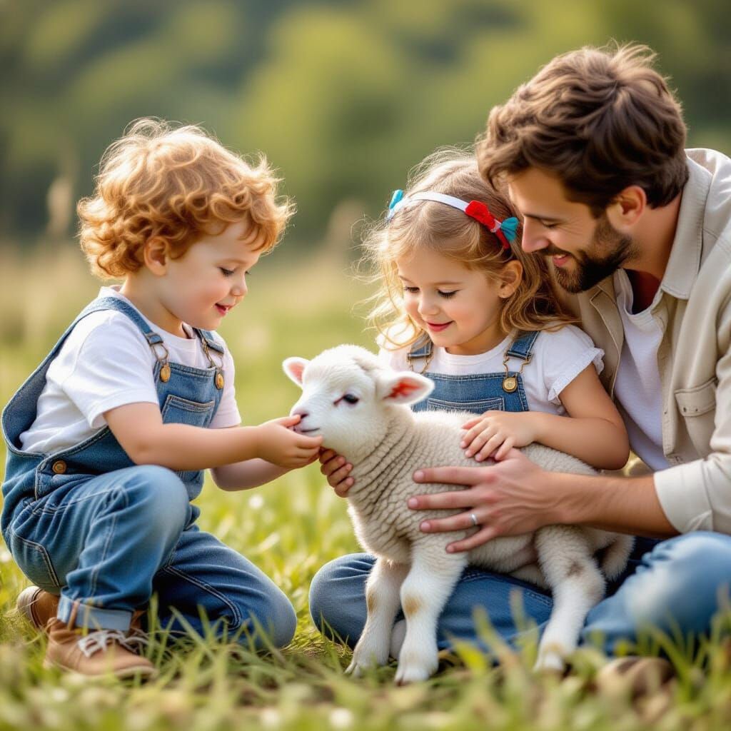 Redhead Twins Feed Lamb to Parents in Nature