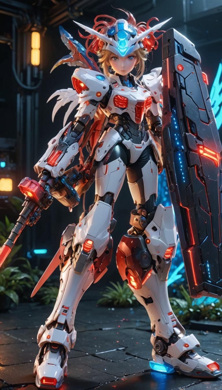 Anime Girl with Robotic Features and Dragon Wings