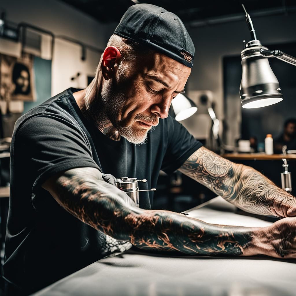 Tattoo Artist at Work in Studio: Photorealistic Style