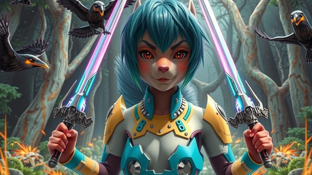 Cyberpunk Squirrel Warrior in a Futuristic Forest