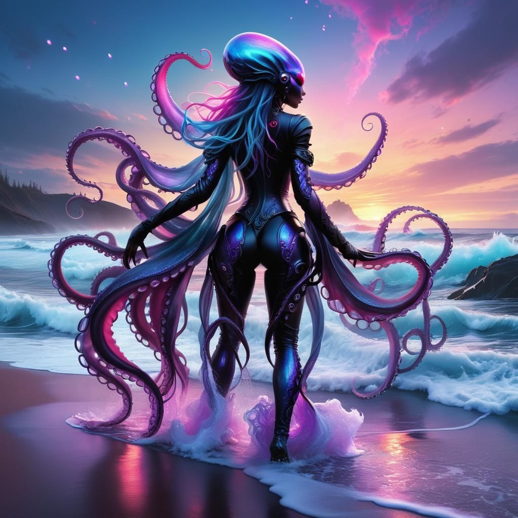 Alien Queen Emerges from Waves in Steampunk Style