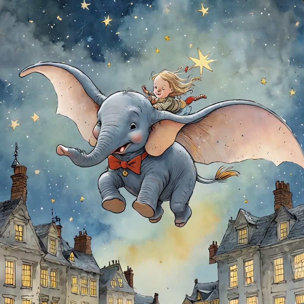 Dumbo Flying Through Starry Night Illustration