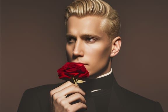 Dramatic Portrait of Blond Man with Rose