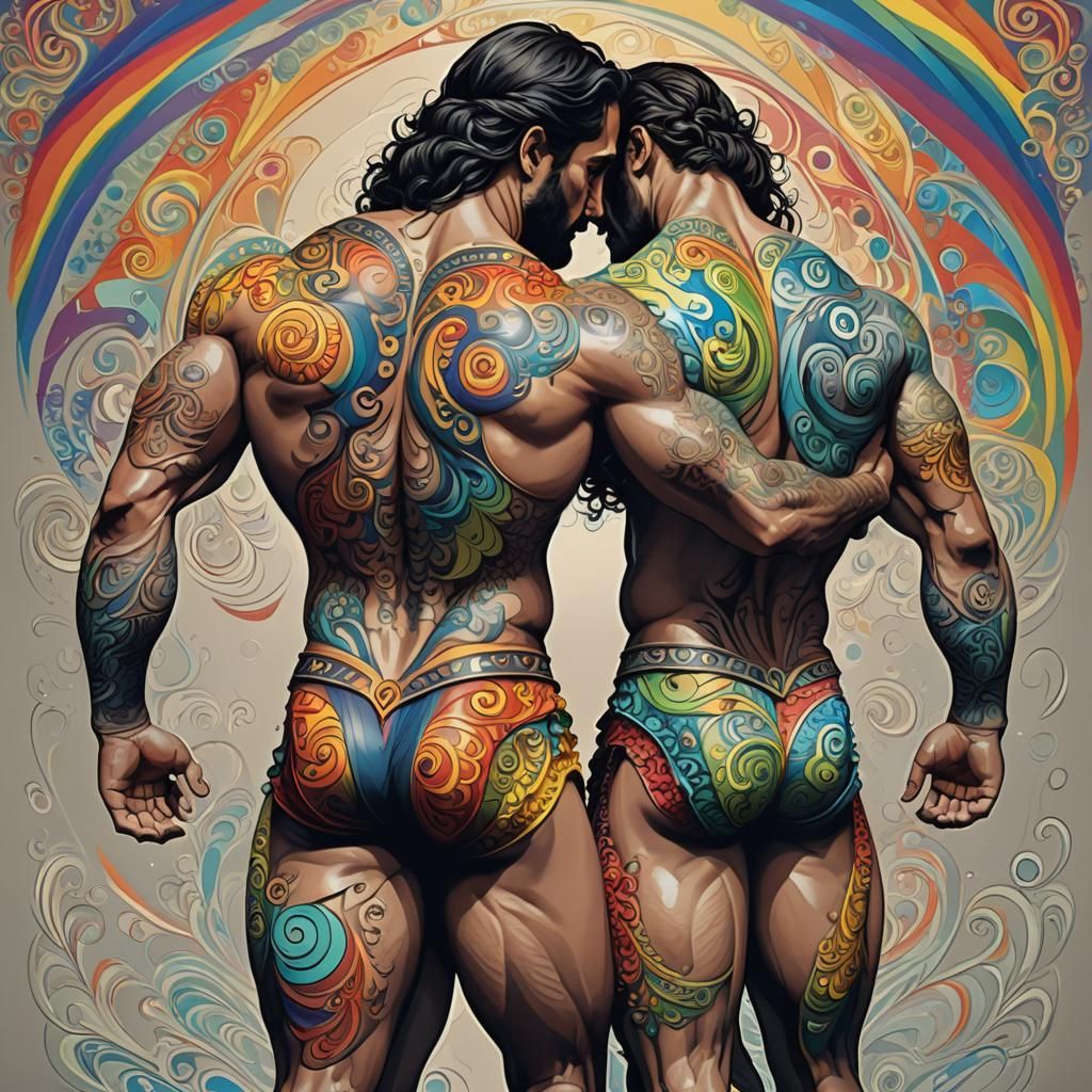 Rainbow Colored Muscle Men Embrace, Zentangle Style