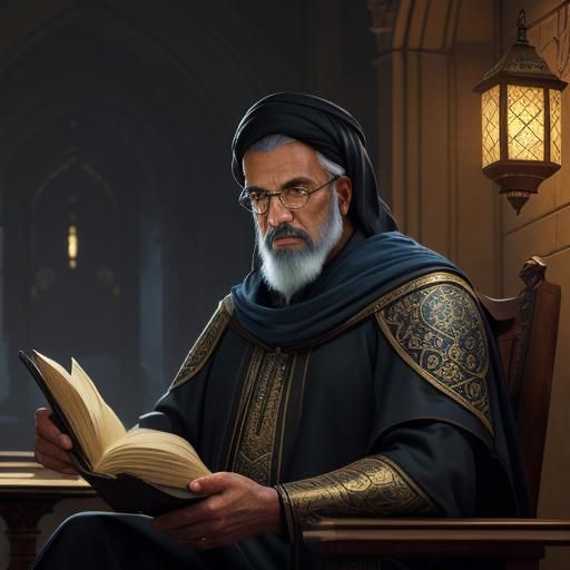 Arabian Scholar Studying at Night, Mystical Concept Art