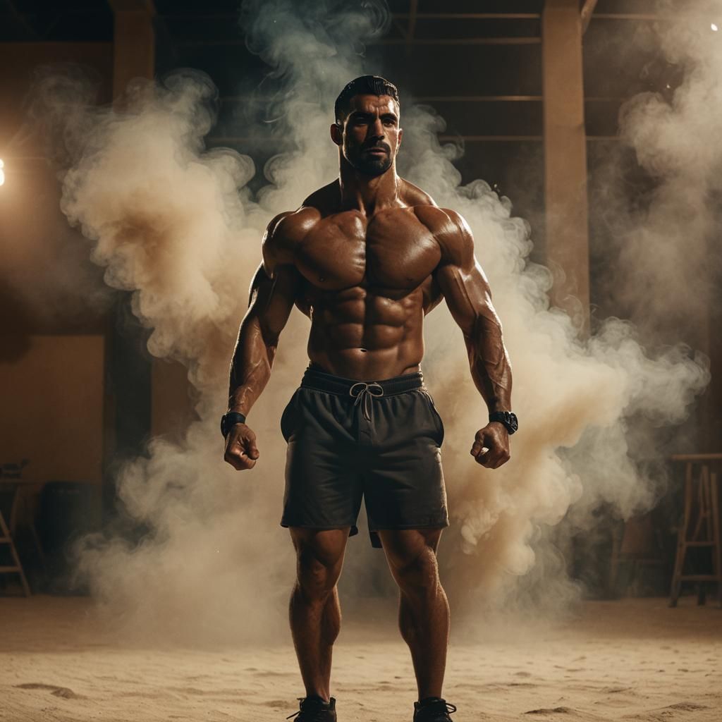 Triumphant Arab Bodybuilder in Dimly Lit Arena