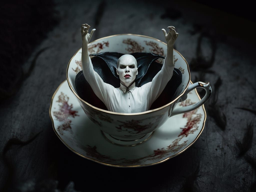 Eerie Vampire in Teacup Captured in Gloomy Shadows