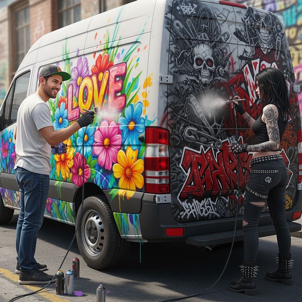 Street Artists Create Contrasting Murals on Van