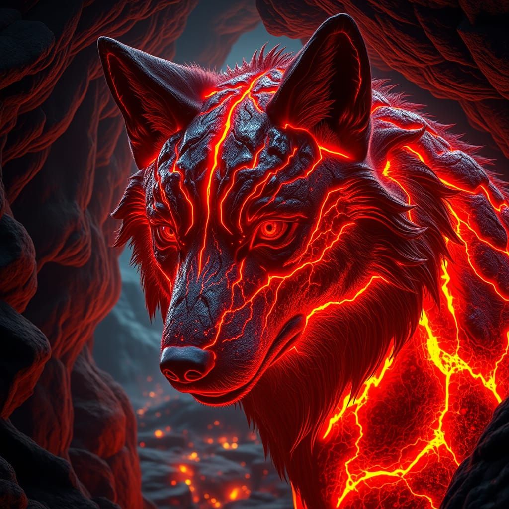 Molten Lava Wolf in Volcanic Cave: Hyperrealistic 8K Render