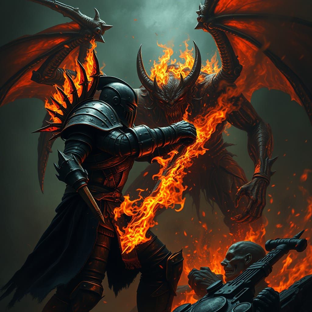 Dark Armored Warrior Battles Fiery Demonic Entity