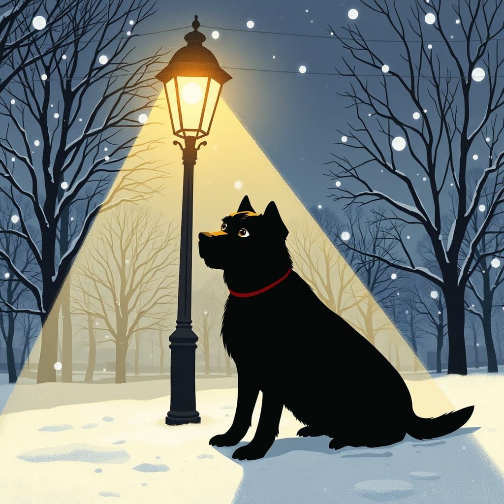 Dog Under Streetlight in Snowy London Park
