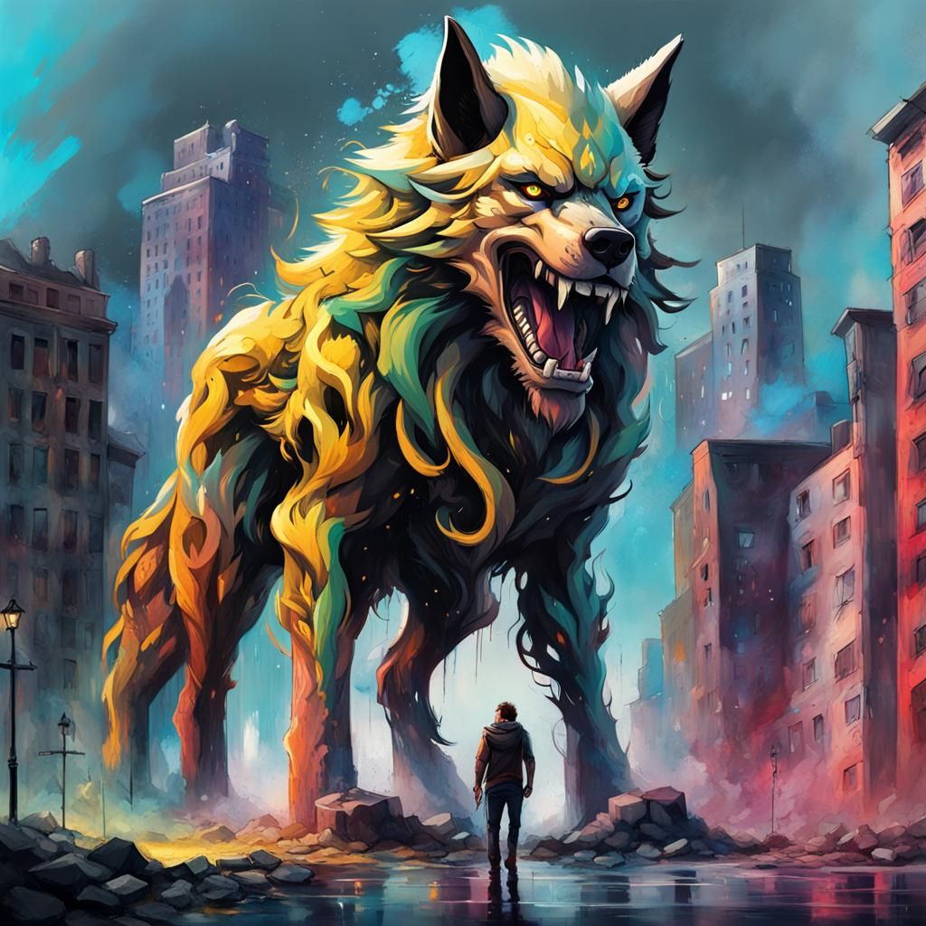 Colossal Fenrir Battles Odin: Graffiti Art in the City