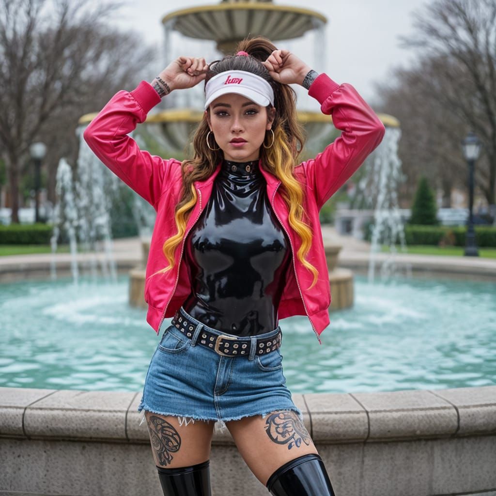 Woman in Latex Catsuit Poses at Park Fountain