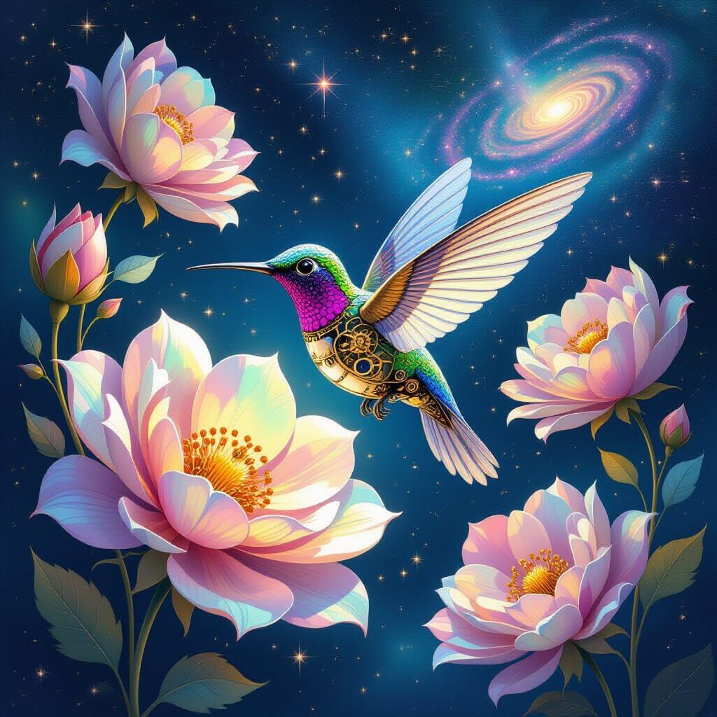 Clockwork Hummingbird Among Cosmic Flowers