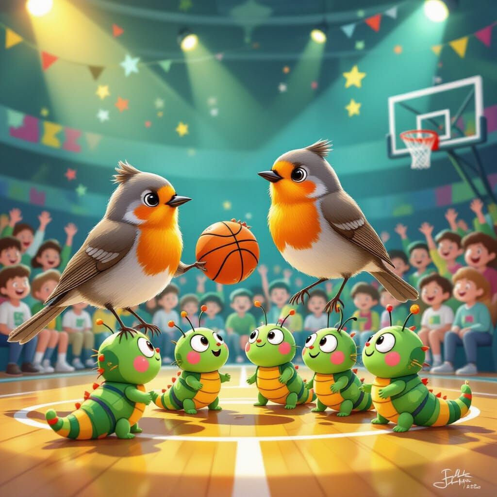 Robin Coaches Caterpillar Basketball Team: Whimsical Illustr...