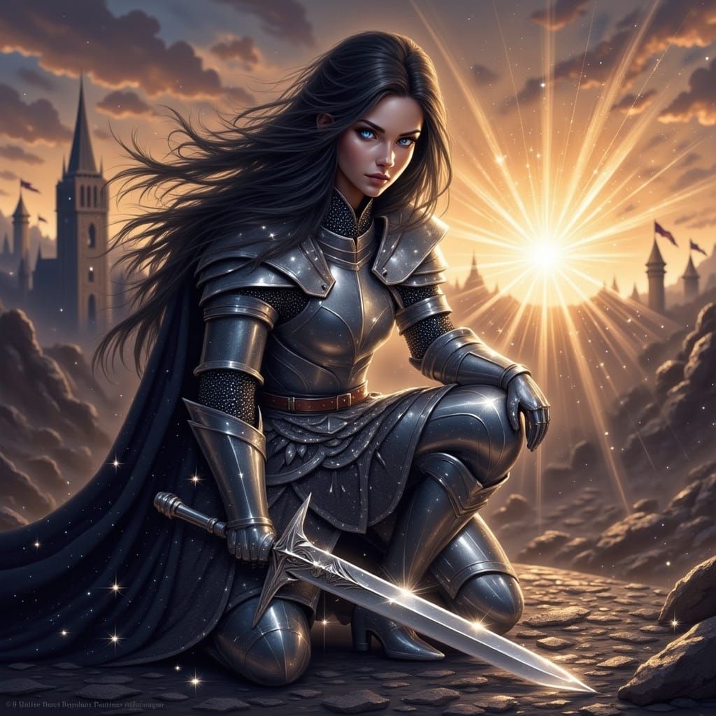Female Warrior Kneeling with Sword in Sunset Landscape
