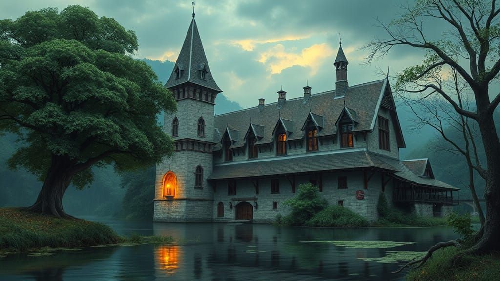 Gothic Glass Castle Amidst Ethereal Fog and Soft Blue Light