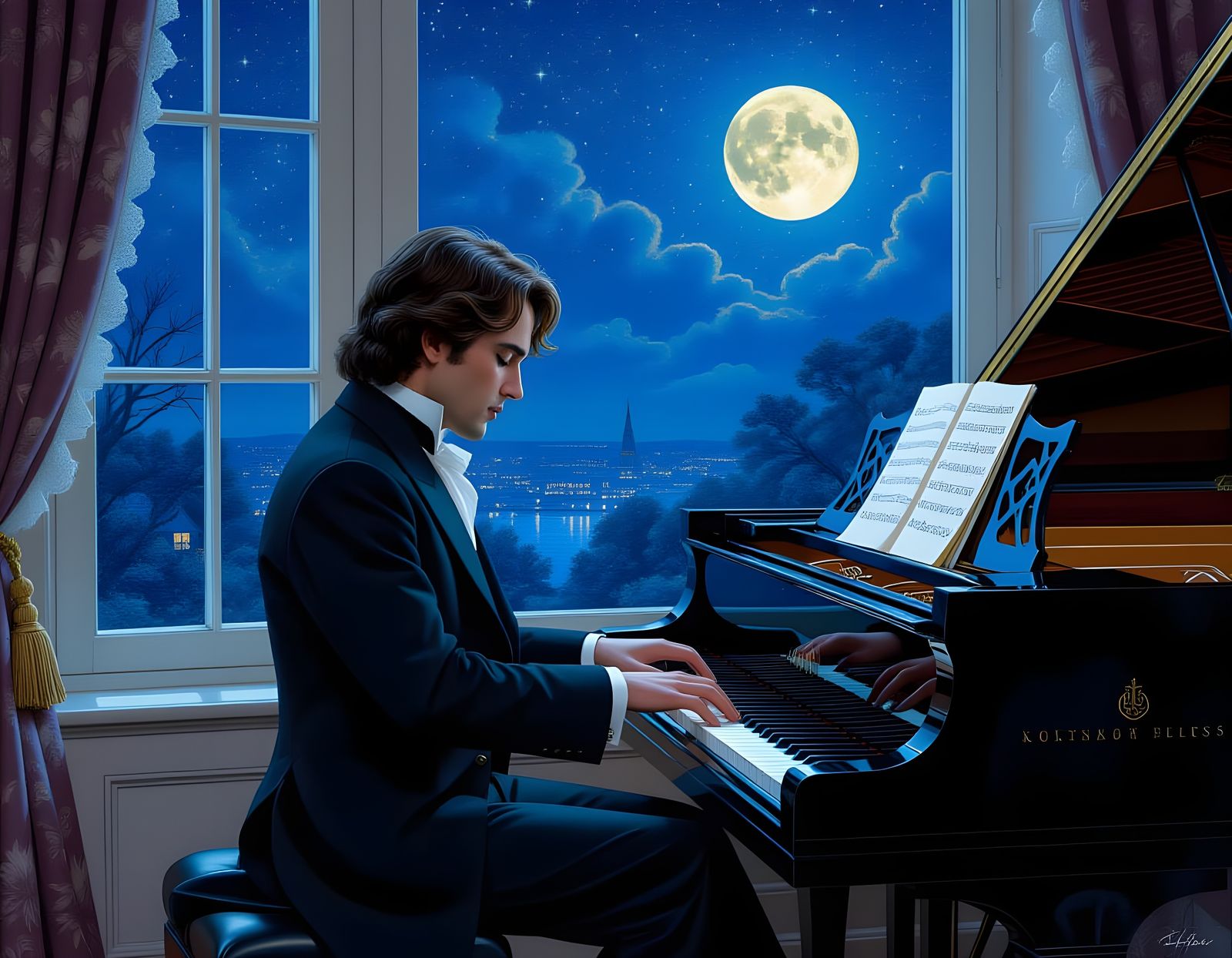 Chopin at Piano Under Starry Night in Hyperrealism