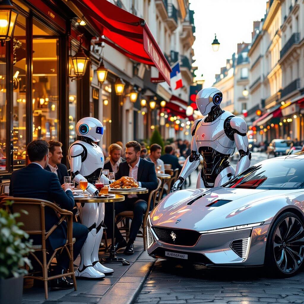 Futuristic Parisian Cafe With Robot Waiter