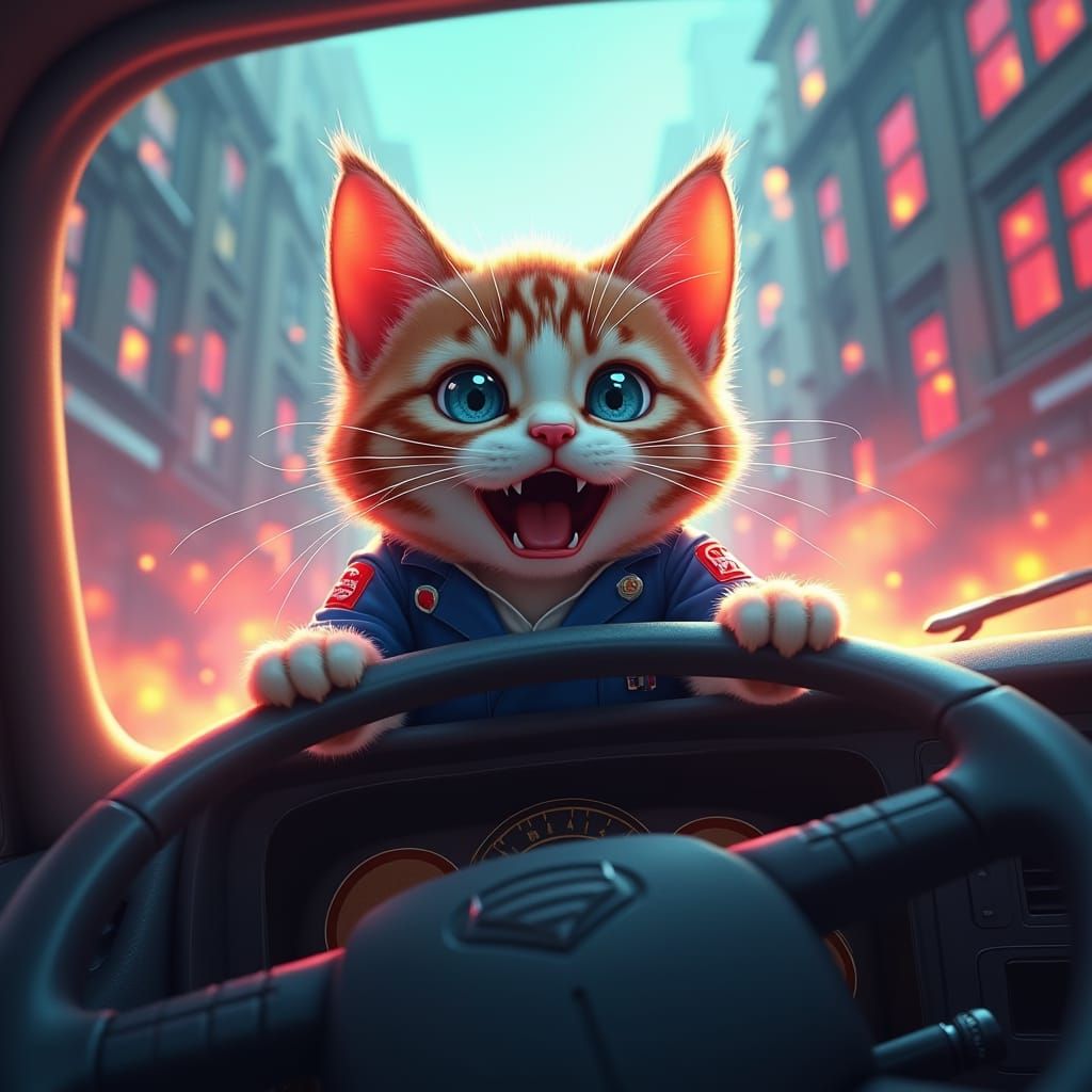 A cat driving an ambulance.