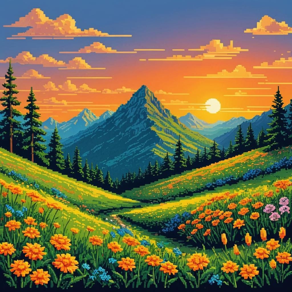 8-Bit Pixel Art Mountain Landscape at Sunset